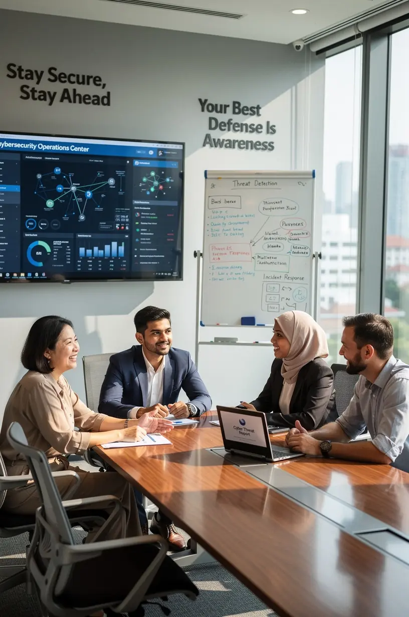 Group of diverse professionals in Singapore attentively participating in a digital security workshop with interactive presentations.